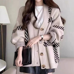 Stripes Knitted Cardigan Coat Buttons Sweater Casual Office Sweater