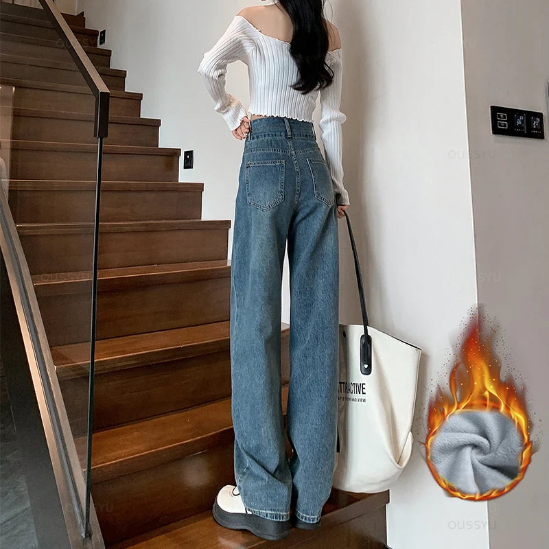 Winter Jeans Women Fleece Warm Denim Trousers High Waist Casual