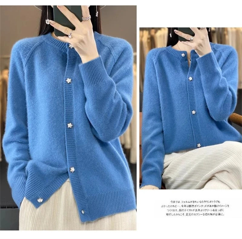 women's O-neck cardigan loose long-sleeved sweater top