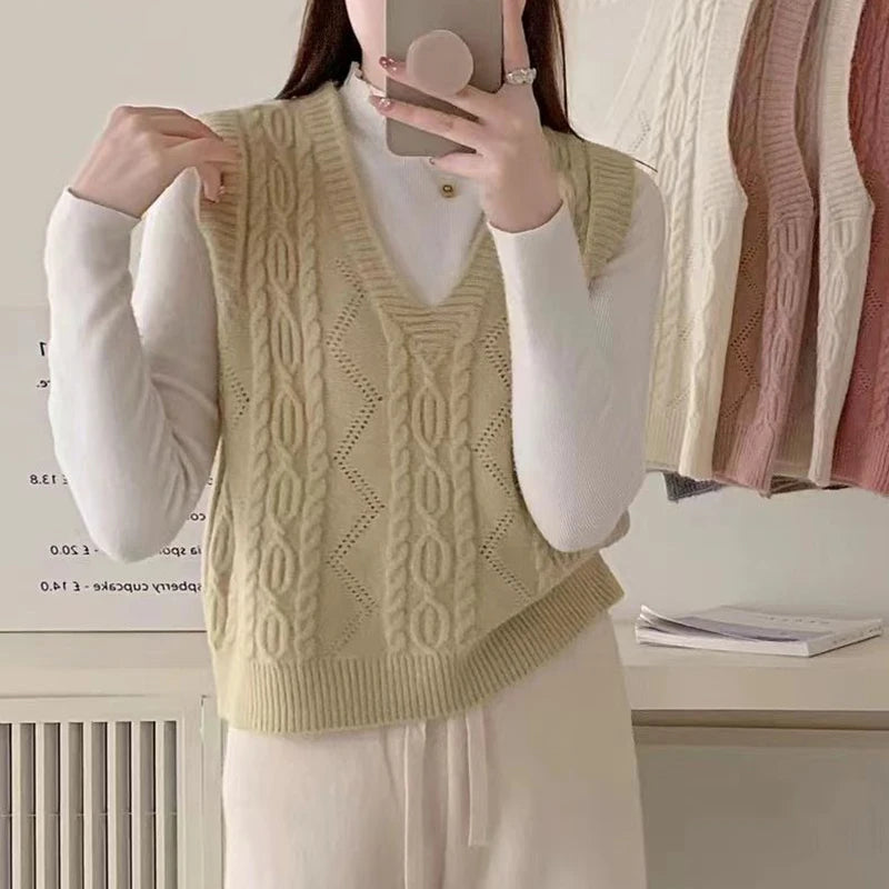 Women V-neck Sweater Vest Solid Sleeveless Preppy Style