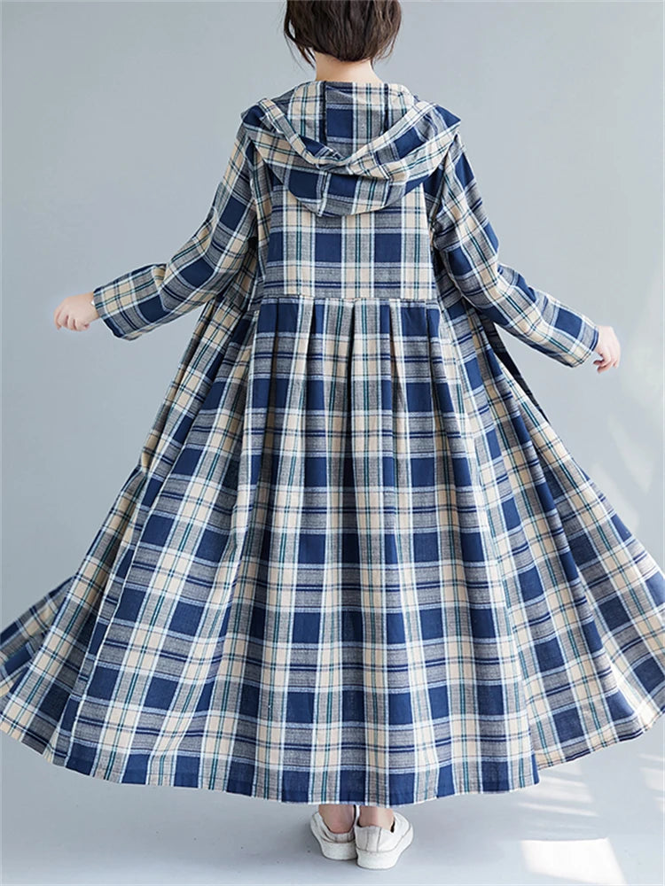 Casual Hooded Trench Coat Long Sleeve Single Breasted Plaid Cotton Office Lady Dress