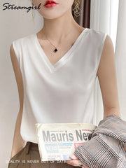 Silk Sleeveless Satin Basic V Neck White Blouses