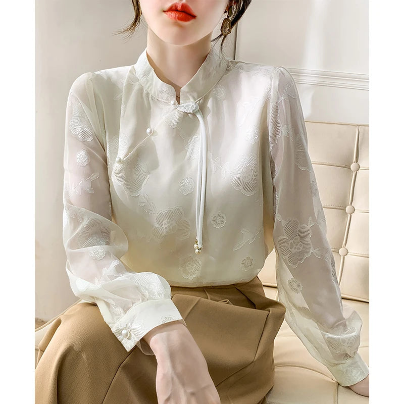 Shirts Blouses Stand Collar Chinese Style Long Sleeve Chiffon