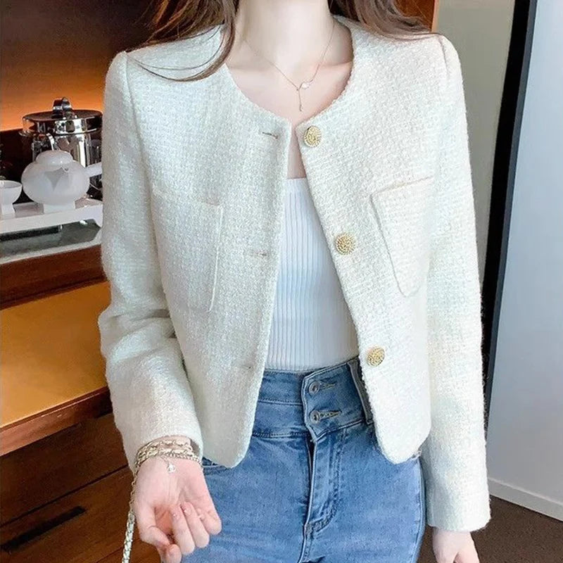 Fashion Tweed Cropped Jackets  Round Neck Chic Coat