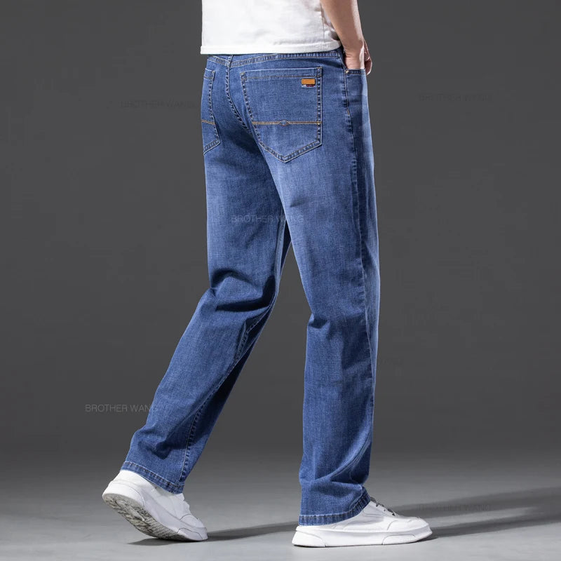 Summer Men's Thin Jeans Baggy Elastic Casual Straight Denim Pants Classic