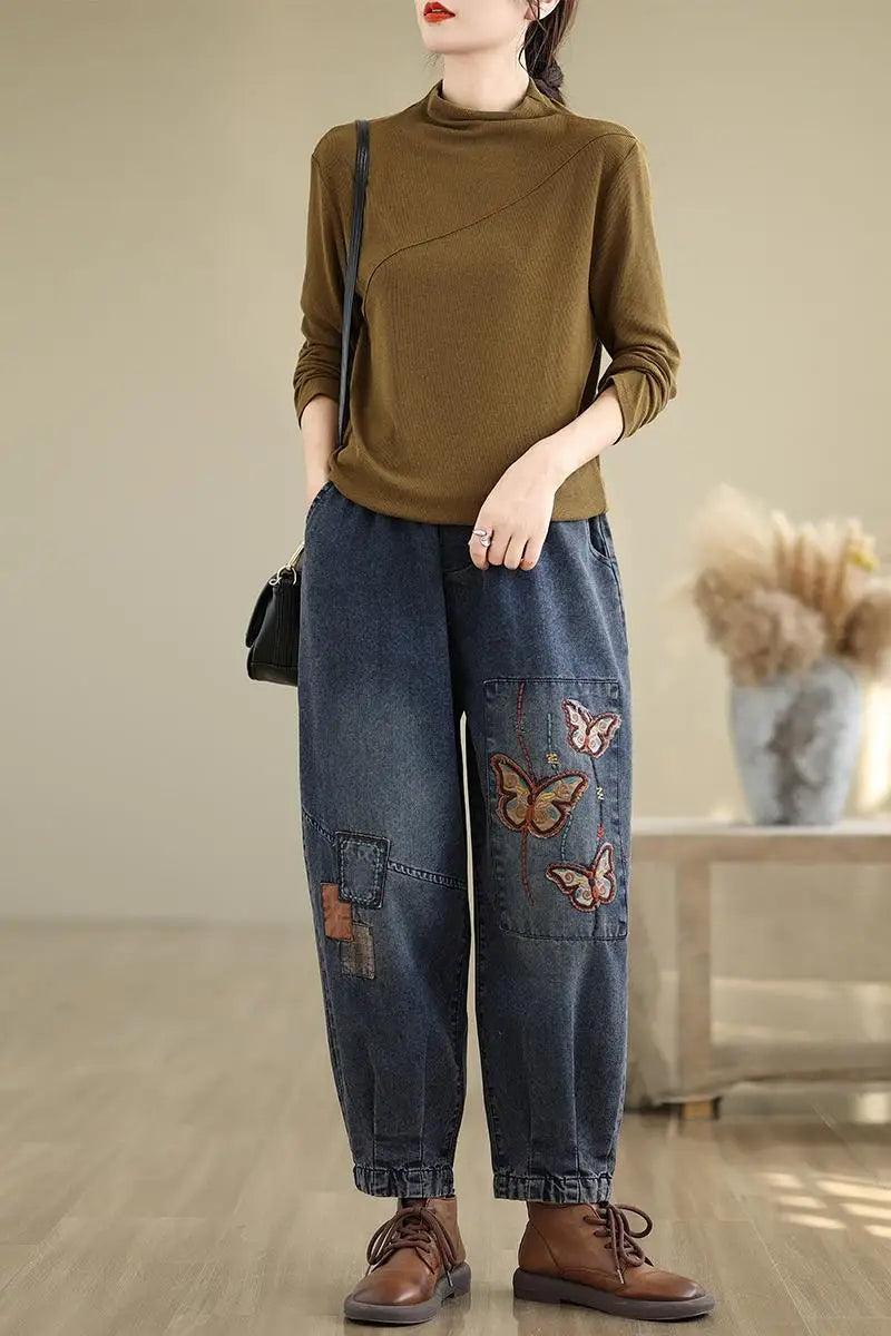 Patchwork Jeans Elastic Waist Loose Casual Retro Ankle Length Trouser