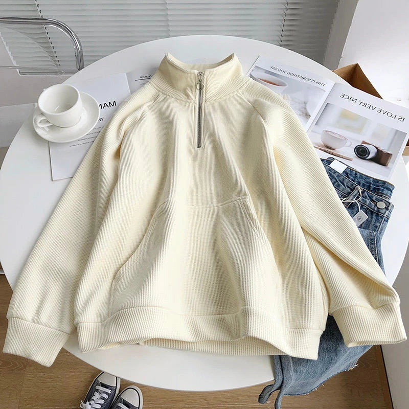 Thicken Zipper Stand Collar Hoodie Women Casual Long Sleeve Pullover Top