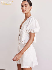 Loose White Cotton 2 Piece Sets Women Outfit Short Sleeve Shirt
