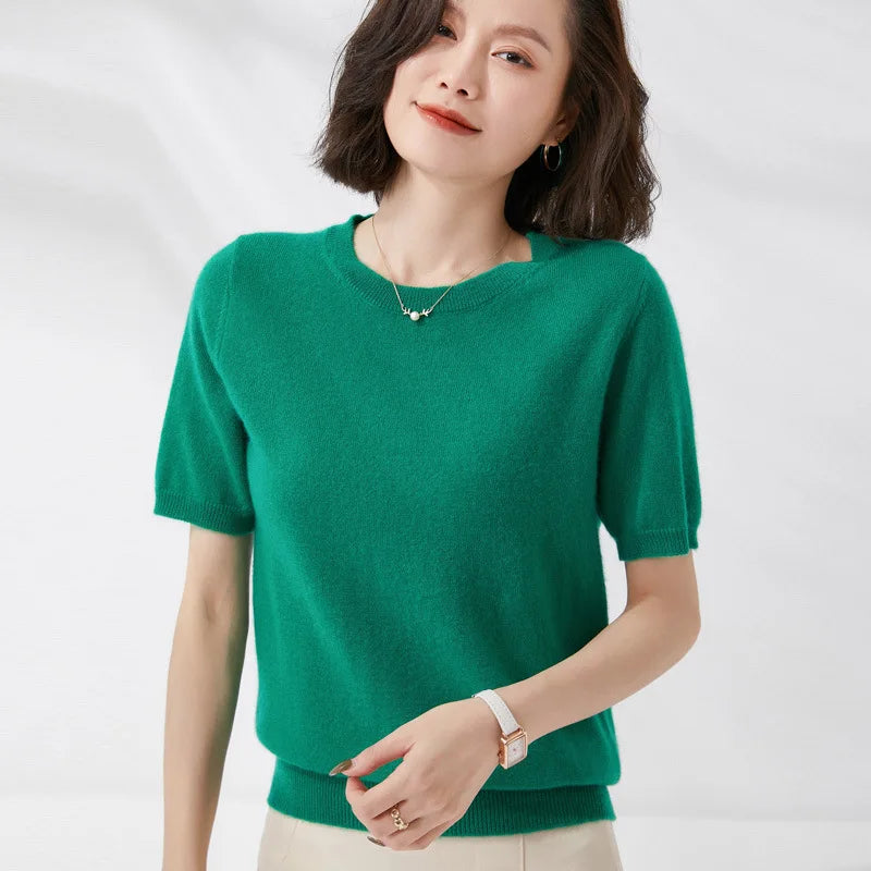 Short-sleeved O-neck  Pullover T-shirt Knitted Base Sweater