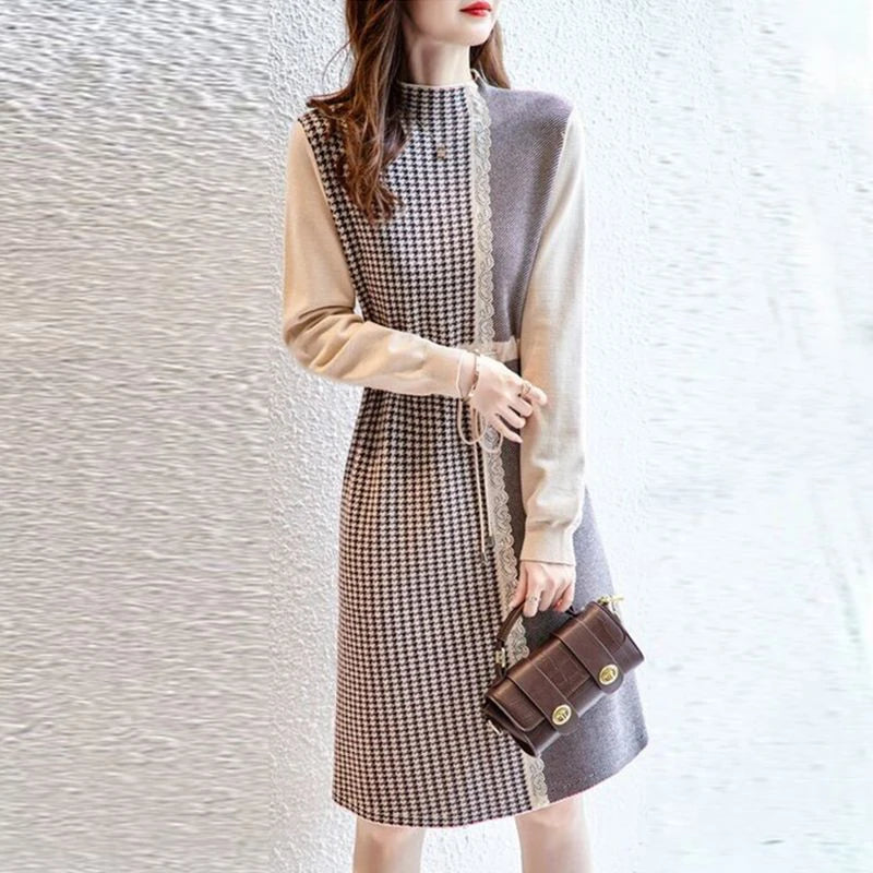 High Collar Houndstooth Lace Patchwork Knitting Dress