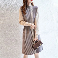 High Collar Houndstooth Lace Patchwork Knitting Dress