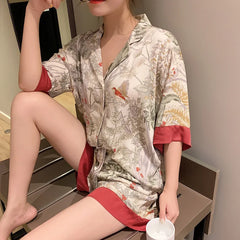 Pajama Set Short Sleeve Satin Silk Fashion Flowers Print Sleepwear