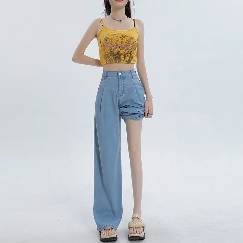 Office Lady High Waist Loose All Match Denim Trousers