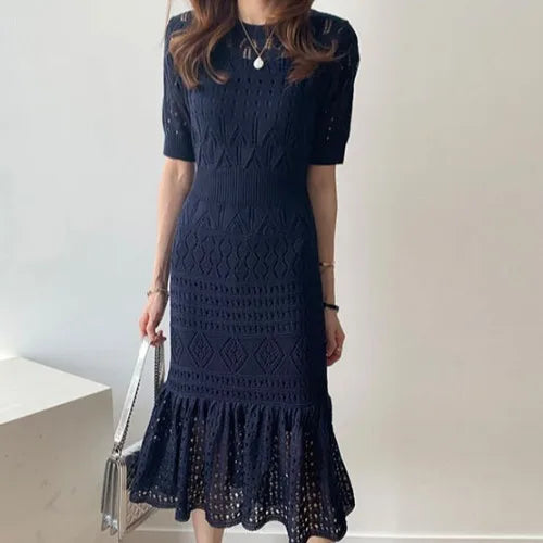 Casual Chic Slim Out Dresses O Neck Short Sleeve Wrap Hip Knitted Dress