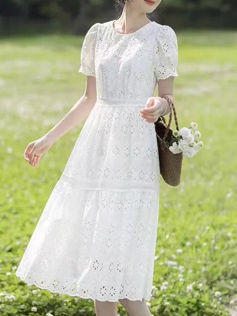 White Lace Hollow Out Dress Embroidery Elegant Short Sleeve O-Neck