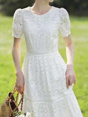 White Lace Hollow Out Dress Embroidery Elegant Short Sleeve O-Neck