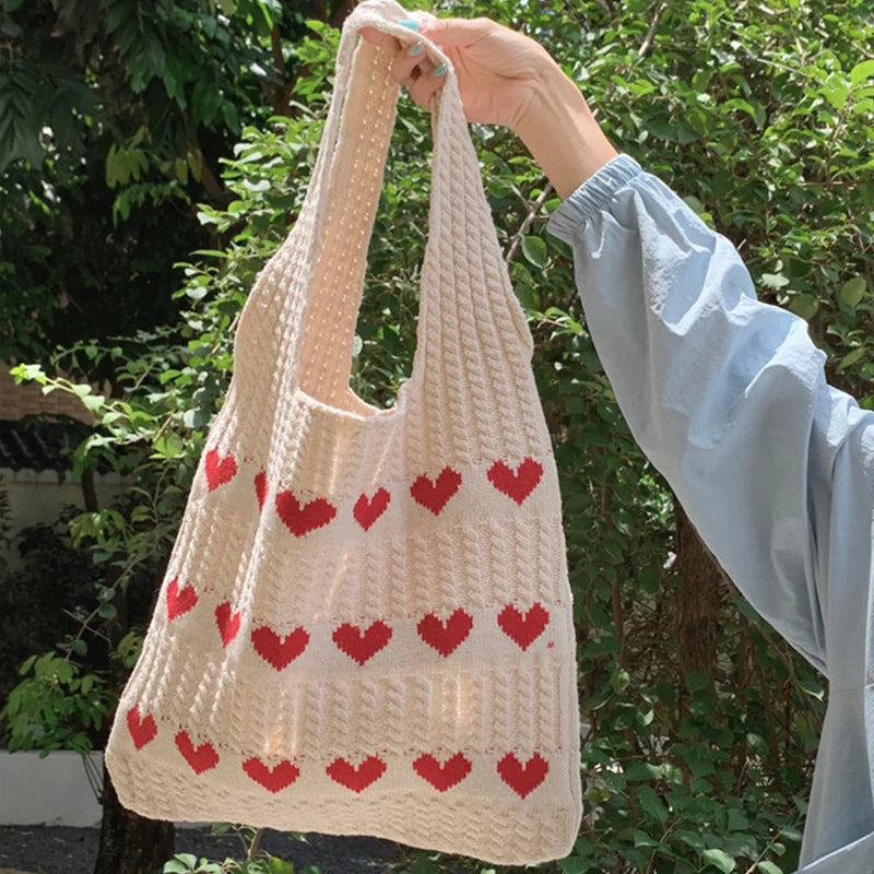 Fashion Heart Shape Pattern Knit Tote Bag Retro