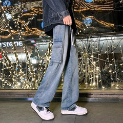 Elastic Waist Cargo Baggy Jeans High Street Pants Straight Y2K Multi-pocket