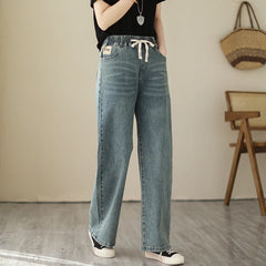 Fashion Baggy Denim Pants Vintage Straight Jeans Elastic Waist Solid Simple