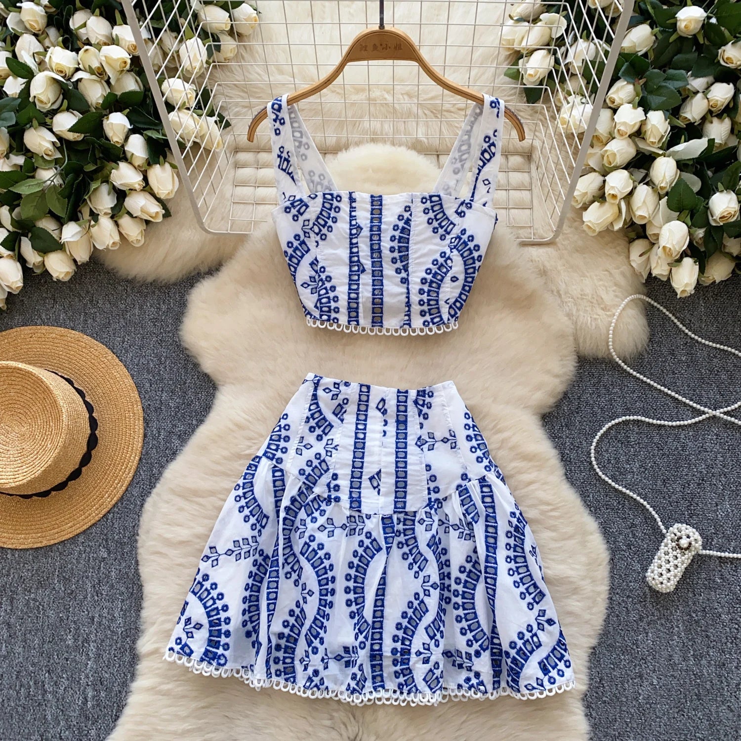 Two Piece Sets Summer Crop Tops Short Skirts Suits Embroidery