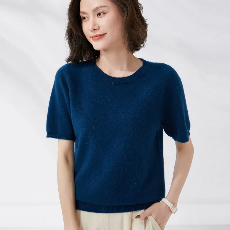 Short-sleeved O-neck  Pullover T-shirt Knitted Base Sweater