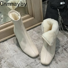 Plush Women Ankle Boots Fashion Zippers Thick High Heel Shoes Style