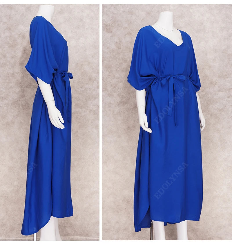 Solid Blue Plus Size Long Kaftan Casual V-neck Robe Maxi Dress