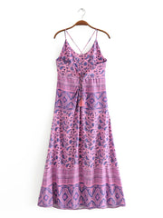 Vintage  Chic Purple Floral Print  Sleeveless Strap Bohemian Dress