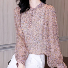 Office Lady Flower Stand Collar Shirt Women's Clothing