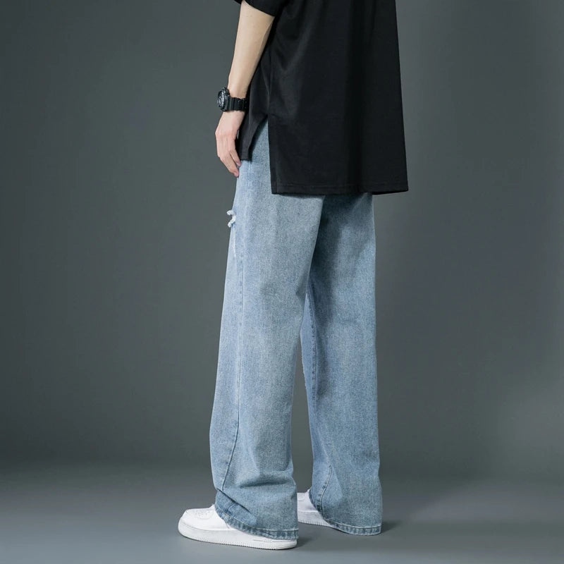 Men's Ripped Wide Leg Jeans Trend Straight Baggy Denim Vintage Trousers