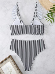 Striped Ruffle Trim Bikini High Waist Swimsuit