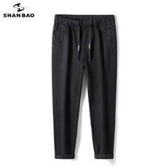 elastic waist pure black jeans brand thick zipper pocket trousers