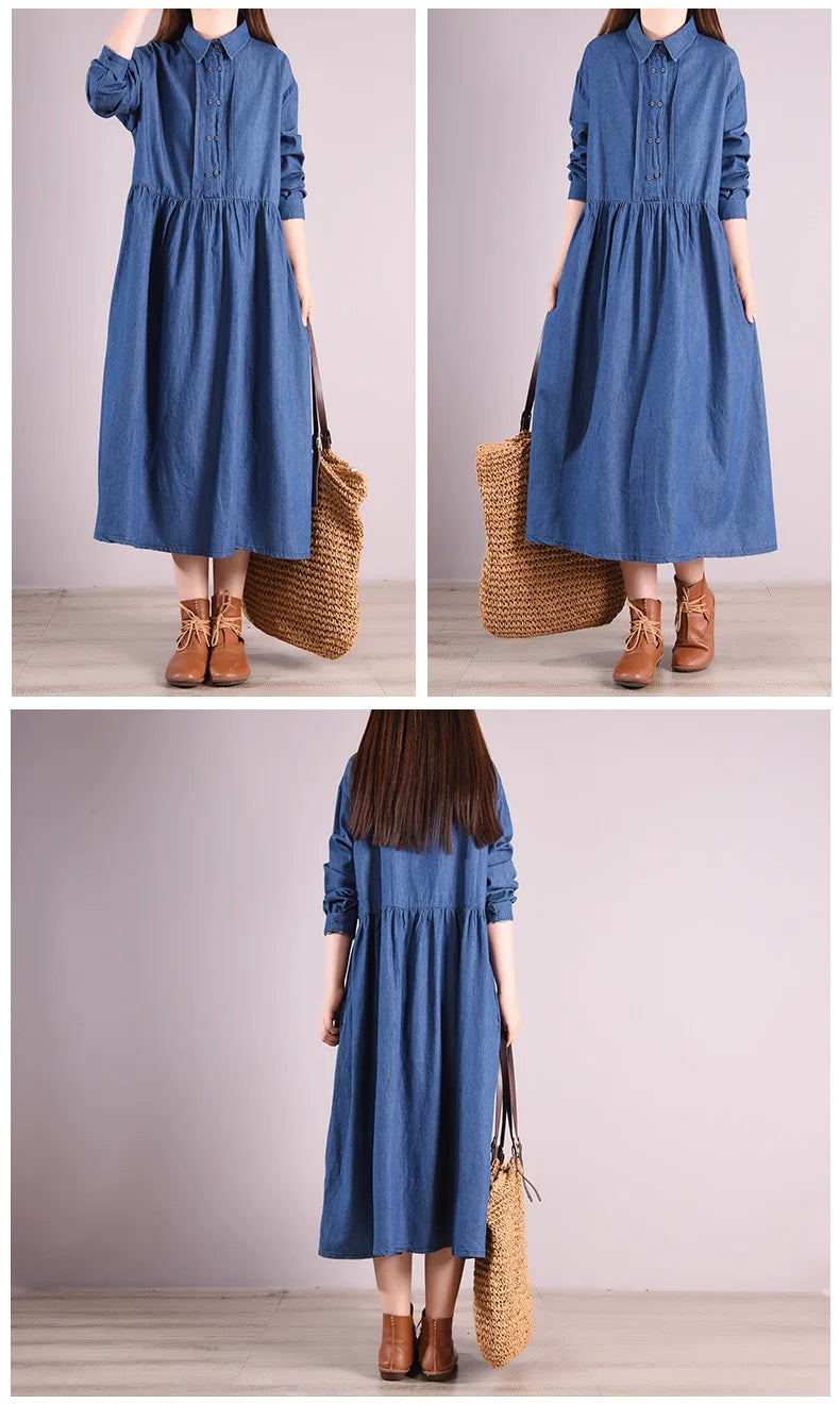 Style Solid Fashion Turn-down Collar Denim Autumn Dress