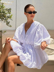 Summer Loose White Cotton Casual V-Neck Short Sleeve Mini Dresses