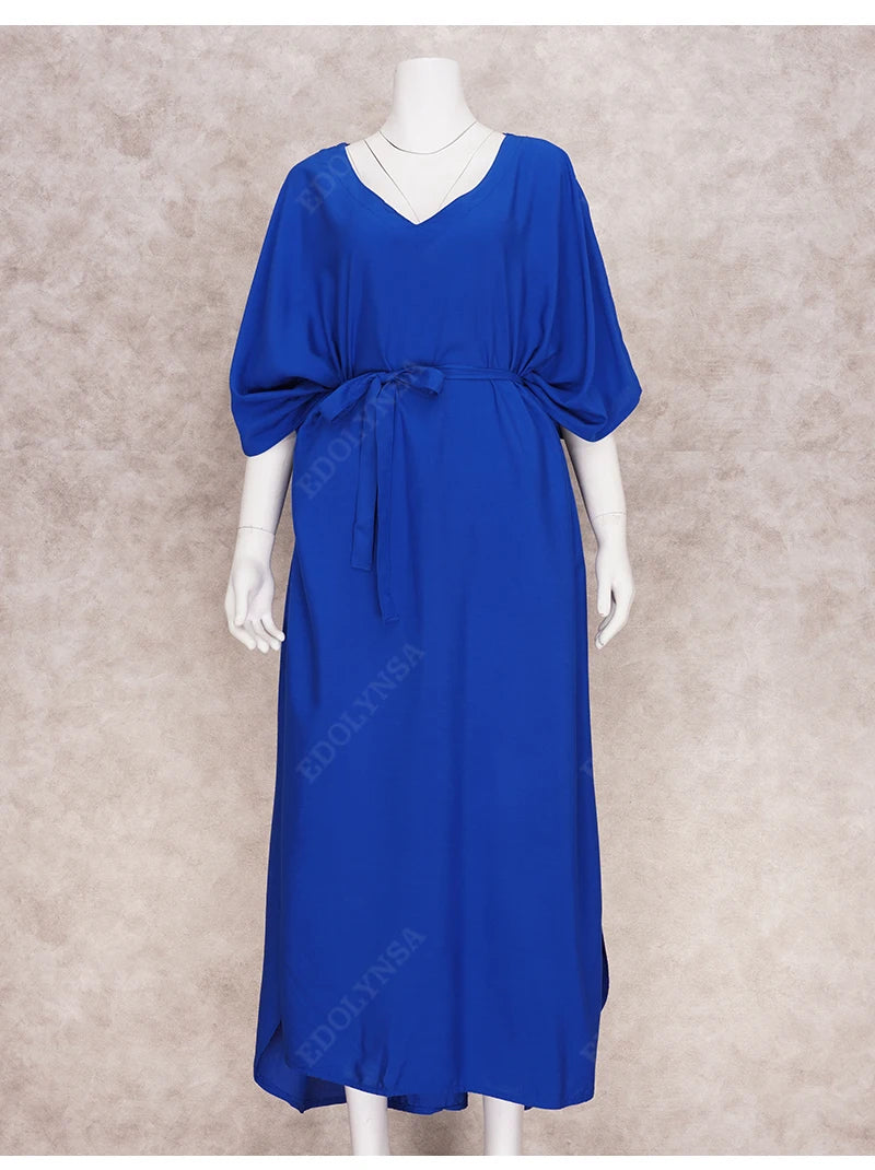 Solid Blue Plus Size Long Kaftan Casual V-neck Robe Maxi Dress