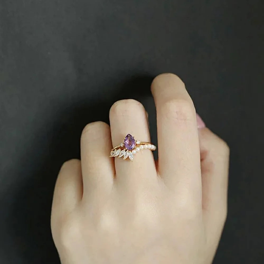 Crown Ring Half Zircon Half Pearl Vintage Jewelry Accessories