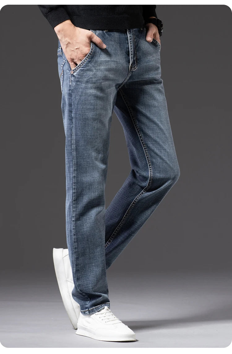 Classic Zipper Pocket Men's Fit Straight Business Casual Jeans