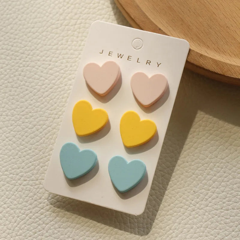 3Pairs/set Heart Stud Earrings for Women Colorful Jewelry Accessories