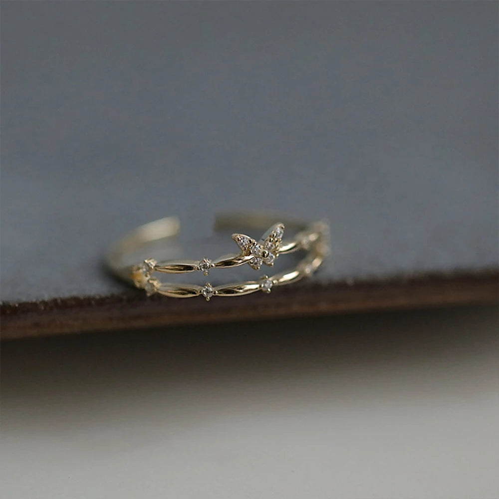 Silver Double layer Butterfly Crystal Rings