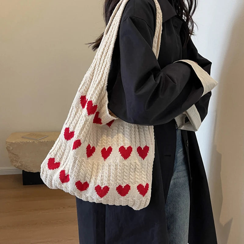 Fashion Heart Shape Pattern Knit Tote Bag Retro