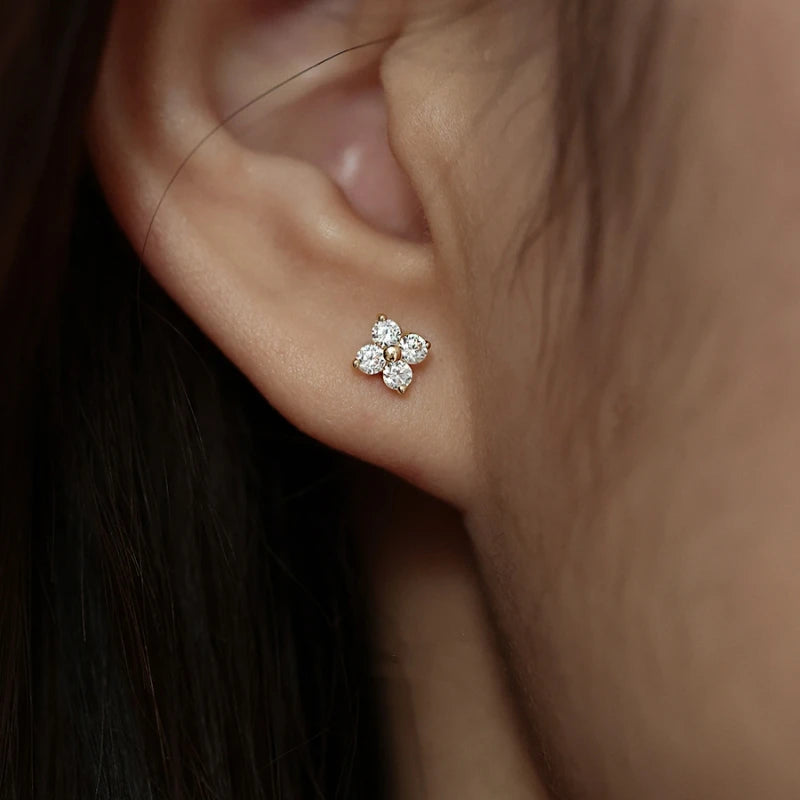 Silver Plated Zircon Flower Stud Earrings