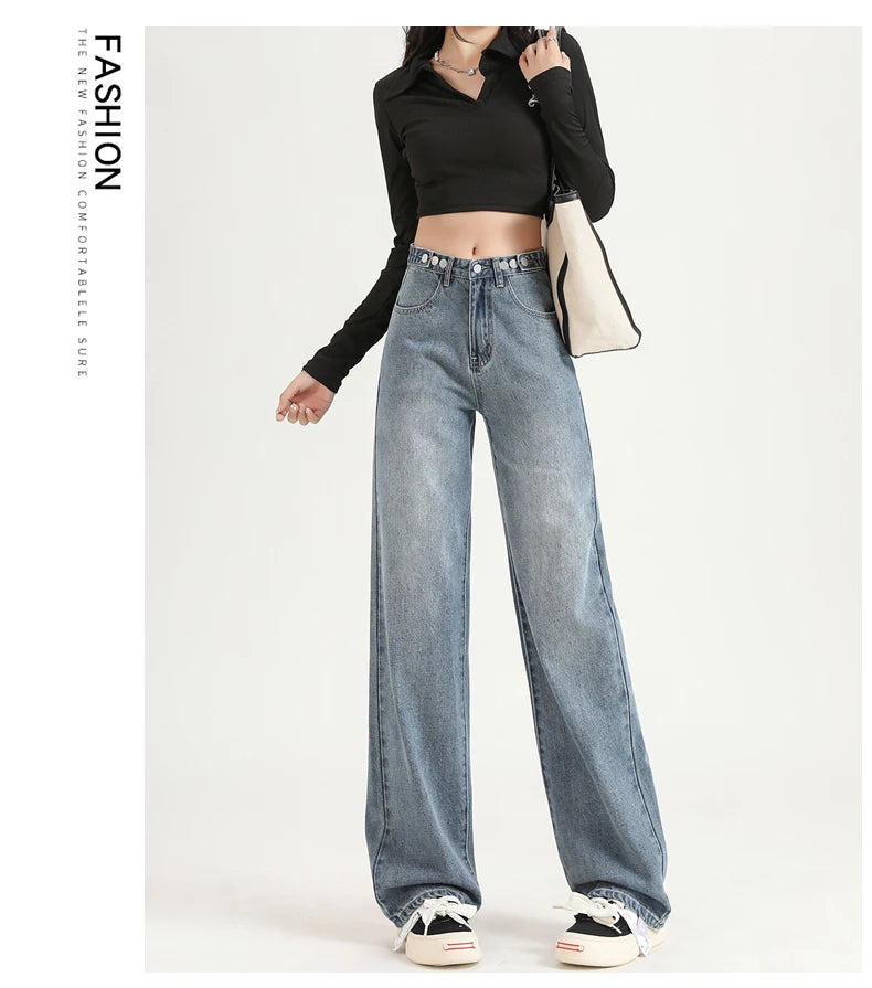 Straight  Jeans Adjust Elastic High Waist Vintage Denim Pants