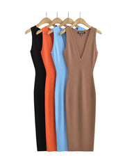 Casual V-neck Sleeveless Midi Dress Colors Knitted