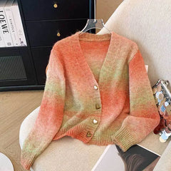 V Neck Short Cardigan Long Sleeve Gradient Sweater Coat