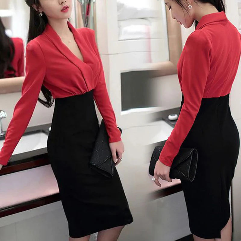 Office Lady Elegant Fashion Patchwork Bodycon Dress