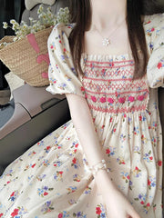 Square Collar Floral Printing A-line Dress Female Folds Patchwork Puff Short Sleeve