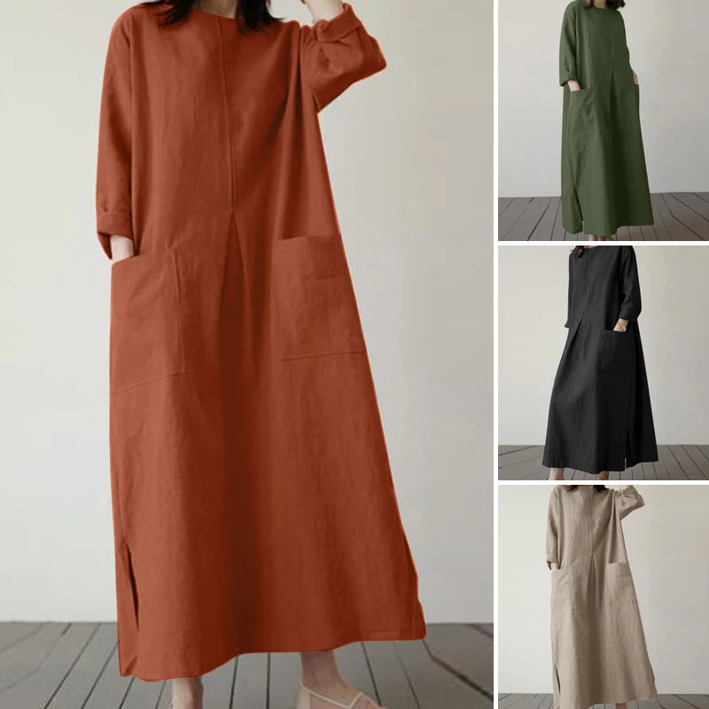 Dress O-Neck 3/4 Sleeved Solid Dresses Oversized Long Robe Casual