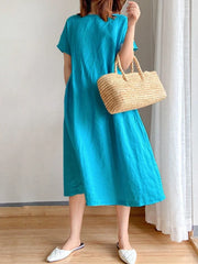 Summer Casual Loose Short Sleeve A-LINE Oversize Solid Midi Dress
