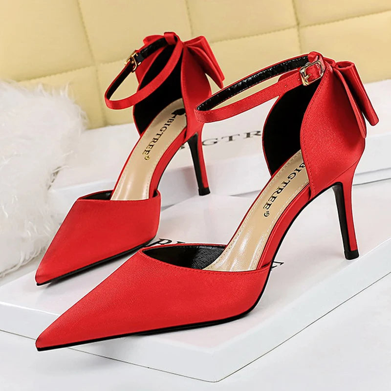 Bow-knot Kitten Heels Pumps Satin Stiletto Party Shoes