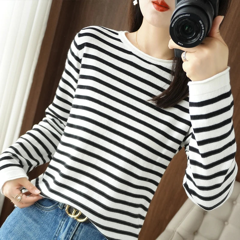 Sweater Curled O-neck Strip Pullover Casual Knit Clothing Fashion